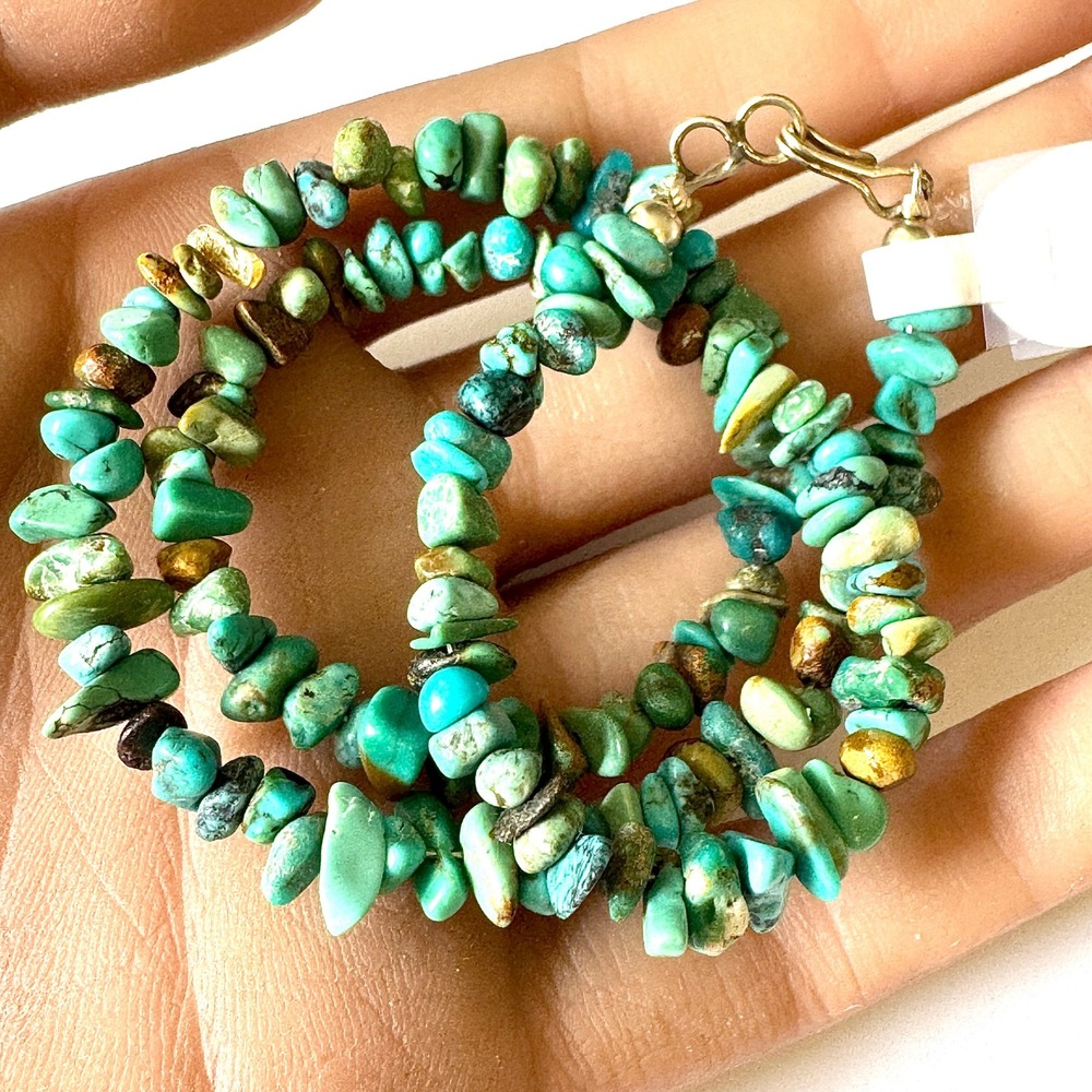 VTG Turquoise Necklace Navajo 16in Bead Natural Nugget Sterling 90s Native Amer
